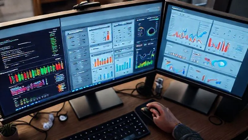 A photorealistic, top-down shot of a well-organized computer desk with multiple monitors displaying various data analytics dashboards. One screen shows a detailed inventory management system with color-coded alerts for low stock and slow-moving items. Another screen displays sales trends and customer behavior analytics. Cinematic lighting, sharp focus on the screens and a hand interacting with a mouse, depth of field blurring the background, 8K hyper-detailed.