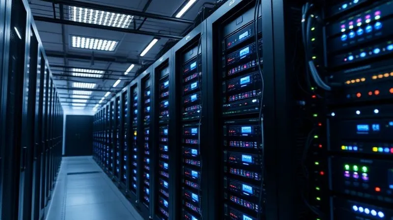 A photorealistic, professional photography, 8K, cinematic lighting, sharp focus, depth of field, shot on a high-end DSLR, depicting a complex network server room with racks of blinking lights and neatly organized cables, symbolizing a robust and reliable internet infrastructure. The atmosphere should be clean and futuristic, emphasizing stability and high performance.