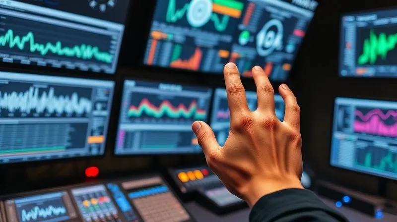 A photorealistic, professional photography, 8K, cinematic lighting, sharp focus, depth of field, shot on a high-end DSLR, depicting a control room with multiple screens displaying complex real-time data visualizations of audio waveforms, network traffic, and listener statistics. A hand is reaching out to a touch screen, indicating active monitoring and control. The scene should convey vigilance and technical sophistication.