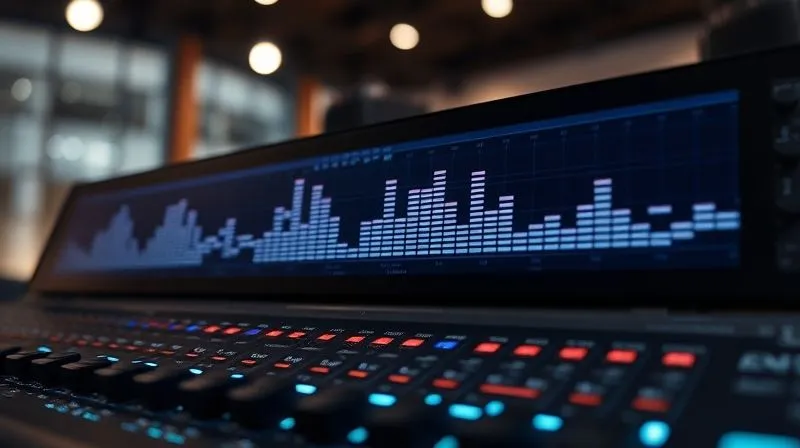 A photorealistic, professional photography, 8K, cinematic lighting, sharp focus, depth of field, shot on a high-end DSLR, depicting a digital equalizer display with sound waves flowing smoothly, but with a subtle visual glitch or brief pause, symbolizing the delicate balance between buffer and latency in a live audio stream. The background is a blurred, modern studio, highlighting the technical challenge.