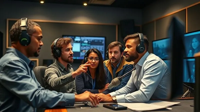 A photorealistic, professional photography, 8K, cinematic lighting, sharp focus, depth of field, shot on a high-end DSLR, depicting a diverse team of radio broadcasters and technicians collaboratively looking at a screen with a live audio stream, engaged in a training session. They are pointing and discussing, showing focus and teamwork. The environment is a modern, well-lit radio studio, emphasizing professional development.