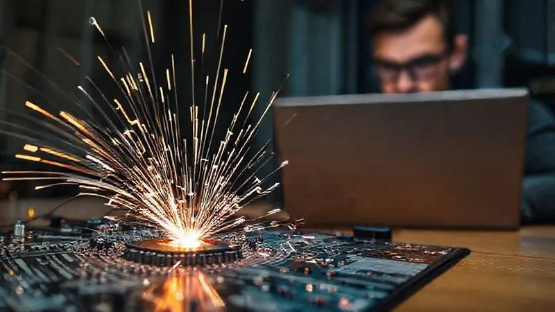 A photorealistic image showing a broken digital circuit board with sparks flying, symbolizing a critical website failure. In the background, a worried business owner looks at a laptop screen displaying an error message. Cinematic lighting, sharp focus, depth of field, 8K hyper-detailed, professional photography, shot on a high-end DSLR.