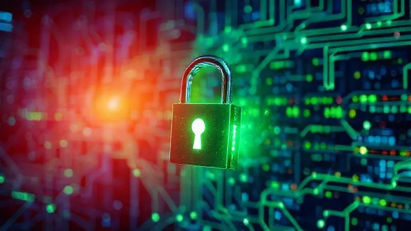A photorealistic image of a digital padlock glowing with green light, superimposed over a complex network of interconnected servers and data streams, symbolizing robust cybersecurity. Cinematic lighting, sharp focus on the padlock, depth of field blurring the background, 8K hyper-detailed, professional photography, shot on a high-end DSLR.