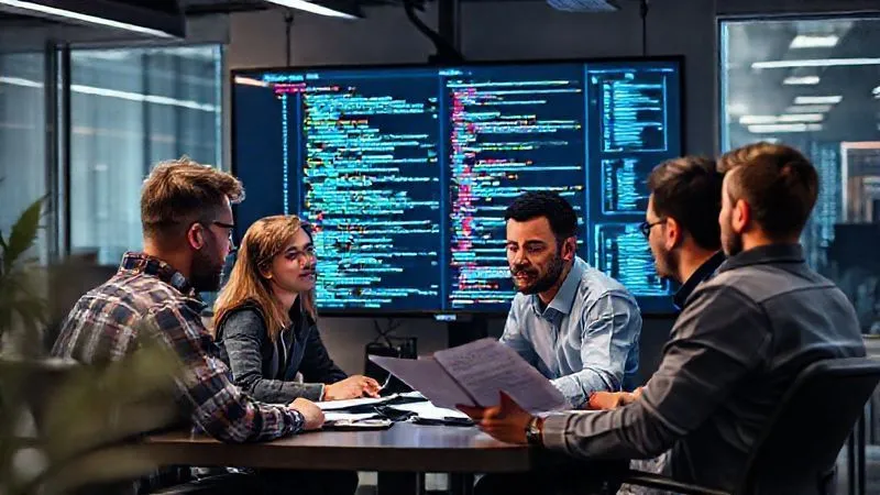 A photorealistic image of a diverse team of web developers and IT professionals collaborating around a large monitor displaying complex code and server metrics. They are actively discussing and reviewing documentation, symbolizing teamwork and knowledge sharing in website maintenance. Cinematic lighting, sharp focus on the team, depth of field blurring the office background, 8K hyper-detailed, professional photography, shot on a high-end DSLR.