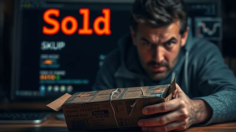 A photorealistic image of a frustrated person looking at a broken product package, with a "Sold Out" sign on a blurred computer screen in the background. The scene is dark and emphasizes chaos and disappointment, with cinematic lighting. Professional photography, 8K, shot on a high-end DSLR, sharp focus on the broken package.