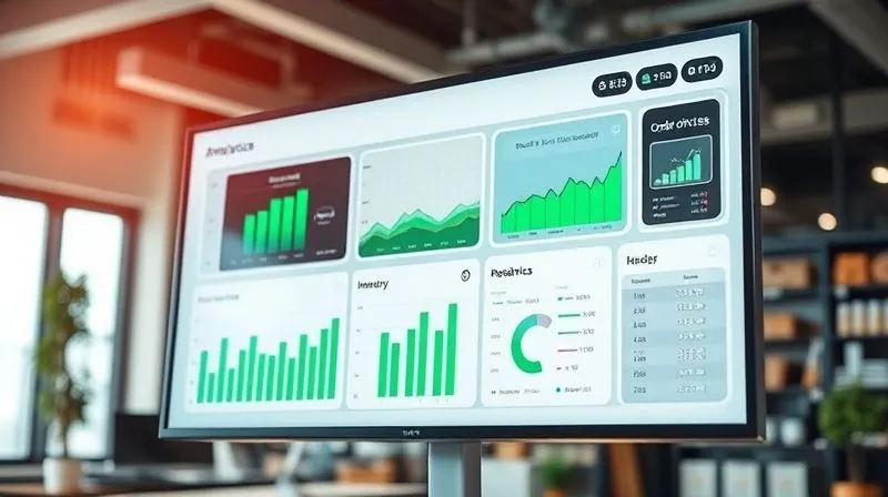 A photorealistic image of a sleek, modern dashboard on a large monitor, displaying real-time e-commerce analytics, order tracking, and inventory levels. The screen shows green charts indicating growth and efficiency, with a clean, organized interface. Cinematic lighting, sharp focus on the dashboard, depth of field blurring a contemporary office background. Professional photography, 8K, shot on a high-end DSLR.