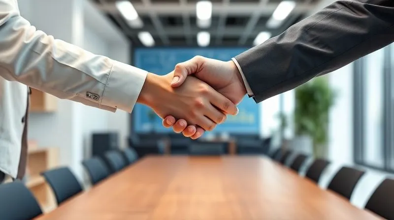 A photorealistic image of two business people shaking hands across a modern office table, with a blueprint of a supply chain subtly visible in the background. The handshake is firm and symbolizes trust and partnership. Cinematic lighting, sharp focus on the handshake, depth of field blurring the office. Professional photography, 8K, shot on a high-end DSLR.