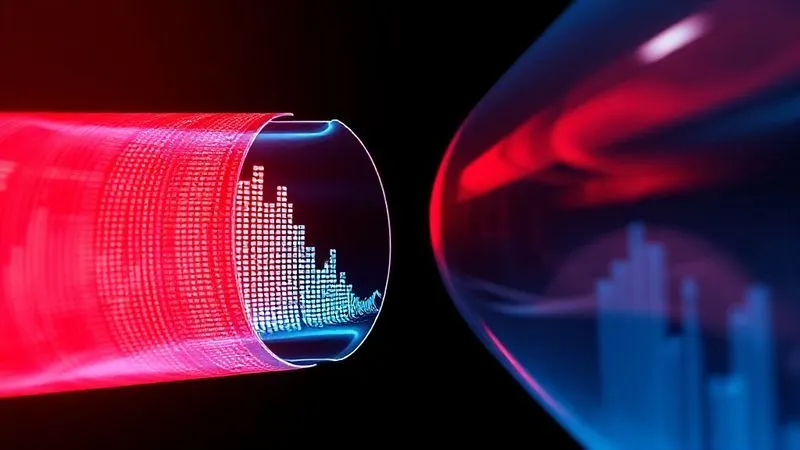 A photorealistic, professional photography shot illustrating a digital data pipeline for audio streaming. One segment of the pipe is constricted and red, with digital sound waves piling up, symbolizing a bottleneck. The rest of the pipe is smooth and clear, with blue sound waves flowing freely. Cinematic lighting, sharp focus on the constricted area, depth of field, 8K hyper-detailed, shot on a high-end DSLR.