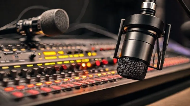 A photorealistic, professional photography shot of a high-end audio interface connected to a studio microphone and a mixing board. The interface has glowing indicators and intricate details, suggesting superior audio processing. Cinematic lighting, sharp focus on the interface, depth of field, 8K hyper-detailed, shot on a high-end DSLR.