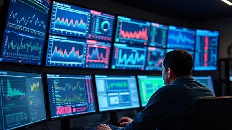 A photorealistic, professional photography shot of a control room with multiple screens displaying network graphs, audio levels, and server metrics. A person is intently monitoring the data, with a sense of calm readiness. Cinematic lighting, sharp focus on the screens and operator, depth of field, 8K hyper-detailed, shot on a high-end DSLR.