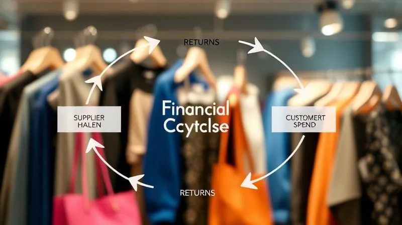 A photorealistic intricate diagram of a financial cycle specifically for a fashion e-commerce business. It shows arrows indicating cash flowing from 'Supplier Payment' to 'Inventory Holding' to 'Customer Sales' to 'Payment Receipt', with smaller arrows for 'Returns' and 'Marketing Spend'. The diagram is clean, professional, with cinematic lighting highlighting the flow, sharp focus, depth of field blurring a background of fashion items. 8K hyper-detailed.