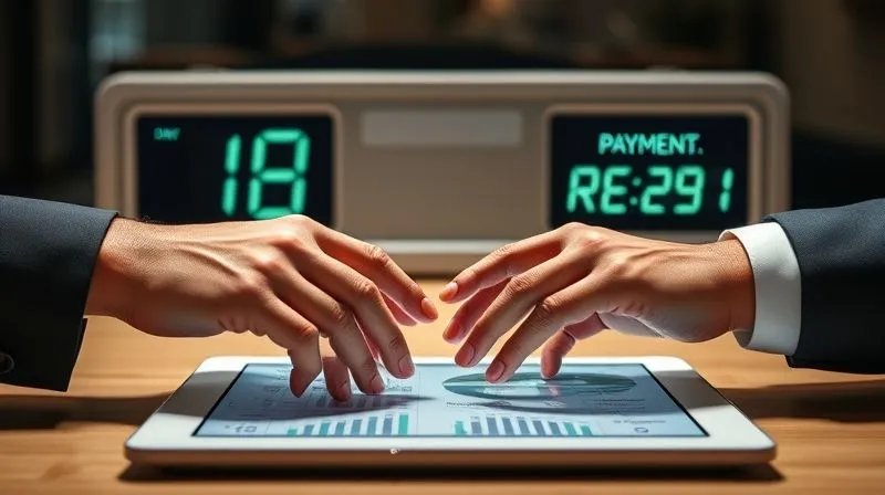 A photorealistic image of a digital clock displaying rapidly decreasing days for 'Payment Due' on one side, and rapidly increasing days for 'Payment Received' on the other. Hands are actively negotiating over a tablet displaying financial data. Cinematic lighting, sharp focus on the hands and tablet, depth of field blurring the background. 8K hyper-detailed, professional photography.