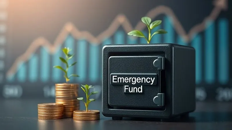 A photorealistic image of a small, robust safe box labeled 'Emergency Fund' next to a stack of coins and a small plant, symbolizing growth and security. In the background, a subtle, blurred image of a financial graph showing stability. Cinematic lighting, sharp focus on the safe, depth of field. 8K hyper-detailed, professional photography.