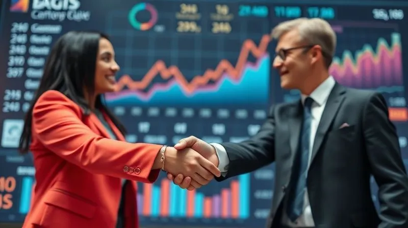 A photorealistic, professional photography shot of two diverse business professionals shaking hands in front of a blurred digital dashboard, symbolizing a strategic partnership. The dashboard shows positive growth metrics. Cinematic lighting, sharp focus on the handshake, depth of field blurring the background, 8K hyper-detailed, shot on a high-end DSLR.