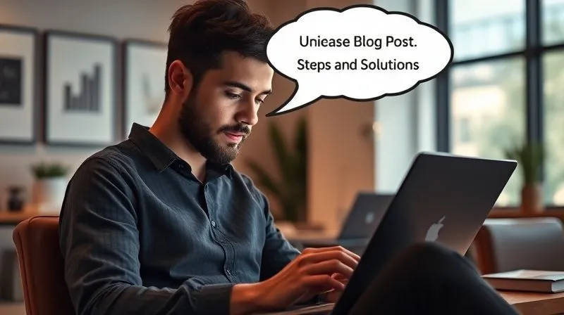 A photorealistic image of a person engrossed in reading a blog post on a laptop, with a thought bubble above their head showing actionable steps and solutions. The background is a modern, minimalist office. Cinematic lighting, sharp focus on the reader and laptop, depth of field, 8K hyper-detailed, professional photography, shot on a high-end DSLR.