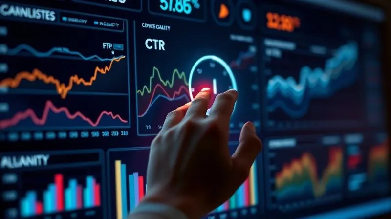 A photorealistic image of a futuristic data dashboard displaying various marketing metrics like conversion rates, lead quality, and CTR, with glowing lines connecting different data points. A hand is interacting with a holographic interface, making adjustments. Cinematic lighting, sharp focus on the data, depth of field blurring the background, 8K hyper-detailed, professional photography, shot on a high-end DSLR.
