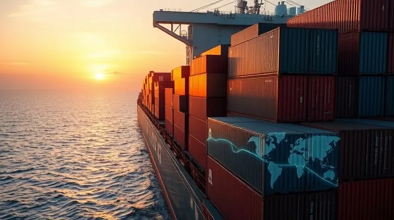 A photorealistic image of cargo containers being loaded onto a massive container ship at sunset, with a digital overlay showing optimized routes and cost savings analysis. Cinematic lighting, professional photography, 8K, sharp focus on the containers, depth of field. Shot on a high-end DSLR.