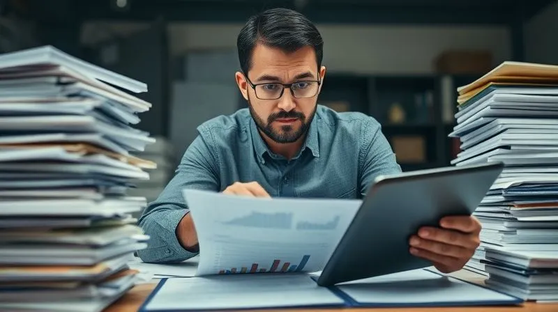 A photorealistic image of a professional auditor examining a ledger with a focused expression, surrounded by stacks of organized documents and a digital tablet displaying analytics. Cinematic lighting, 8K, sharp focus on the auditor's hands and the ledger, depth of field. Shot on a high-end DSLR.