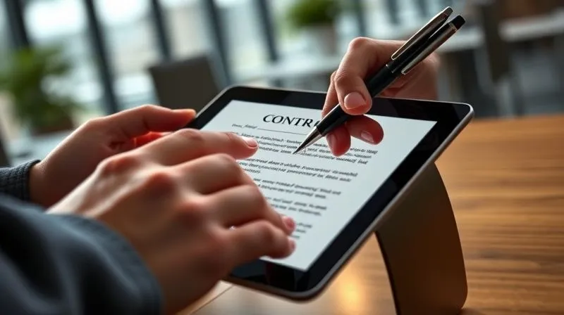 A photorealistic image of two hands, one holding a pen and the other pointing to a clause on a digital contract displayed on a tablet, symbolizing careful review and agreement. Cinematic lighting, sharp focus on the contract text, depth of field blurring a modern office background. 8K hyper-detailed, professional photography, shot on a high-end DSLR.