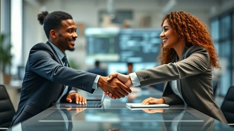 A photorealistic image of two diverse professionals shaking hands across a modern desk, with a blurred background of a collaborative digital workspace. The handshake is firm and sincere, conveying trust and partnership. Cinematic lighting, sharp focus on the hands and expressions, depth of field. 8K hyper-detailed, professional photography, shot on a high-end DSLR.