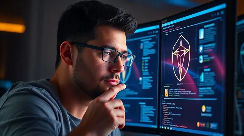 A photorealistic image of a web developer carefully selecting between three glowing, abstract page builder icons on a high-tech interface, sharp focus on the developer's thoughtful expression, cinematic lighting from the screens, 8K hyper-detailed.