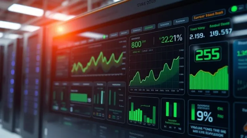 A photorealistic image of a futuristic control panel displaying real-time metrics and graphs for server performance and user activity, with green lines indicating healthy operation and a subtle growth trend. Cinematic lighting, sharp focus on the digital interface, depth of field blurring a server room background, 8K hyper-detailed, professional photography.