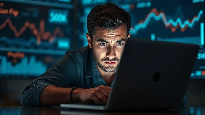 A photorealistic image of a frustrated person staring at a laptop screen with a slow loading spinner, surrounded by digital graphs showing declining profits. Cinematic lighting, sharp focus on the person's face and the laptop, depth of field blurring the background. 8K hyper-detailed, professional photography, shot on a high-end DSLR. Evokes a sense of despair and lost opportunity in affiliate marketing.