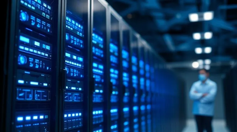 A photorealistic image of a high-performance server rack glowing with blue lights in a modern data center, symbolizing speed and reliability. Cinematic lighting, sharp focus on the servers, depth of field blurring the background technicians. 8K hyper-detailed, professional photography, shot on a high-end DSLR. Conveys cutting-edge technology and robust infrastructure.