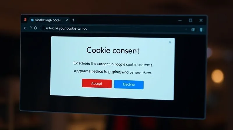 A photorealistic image of a browser window displaying a clear, user-friendly cookie consent banner with options to accept, decline, or customize, with a focus on ease of use and transparency. Cinematic lighting, sharp focus, depth of field, 8K hyper-detailed, professional photography, shot on a high-end DSLR.