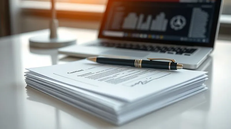 A photorealistic, professional photography of a stack of legal documents with a digital signature pad and a pen on top, symbolizing contract signing and legal agreement in a modern, secure setting. Cinematic lighting, sharp focus on the documents, depth of field blurring a laptop with EAD platform in the background, 8K hyper-detailed, shot on a high-end DSLR.