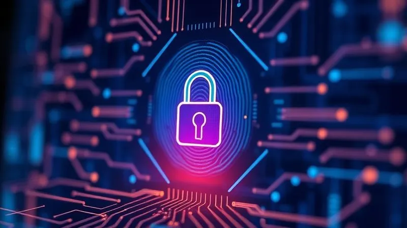 A photorealistic, professional photography of a digital fingerprint scanner illuminating a padlock icon on a screen, surrounded by abstract glowing lines representing data streams. This image should evoke a sense of advanced security and intellectual property protection in the digital realm. Cinematic lighting, sharp focus on the scanner and icon, depth of field blurring the background, 8K hyper-detailed, shot on a high-end DSLR.