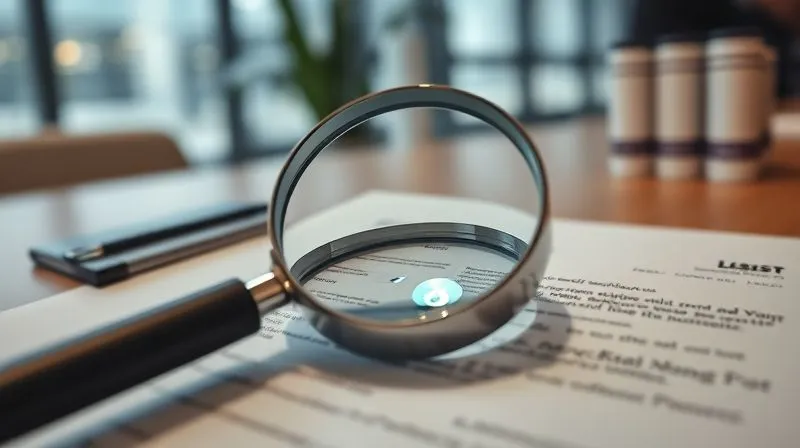 A photorealistic, professional photography of a magnifying glass hovering over a complex legal document with a digital interface overlay, symbolizing meticulous auditing and compliance checks. The scene is set in a modern office, with cinematic lighting highlighting the details and a sharp focus on the document, while the background is softly blurred. 8K hyper-detailed, shot on a high-end DSLR.