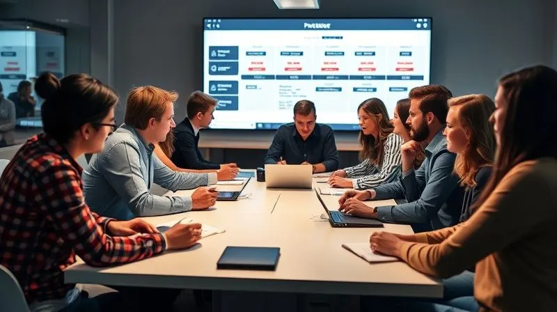 A diverse team of digital marketing professionals engaging in a focused, collaborative meeting around a large table, with a clear project timeline displayed on a screen in the background. Photorealistic, professional photography, 8K, cinematic lighting, sharp focus on their interaction, depth of field blurring the background, shot on a high-end DSLR.