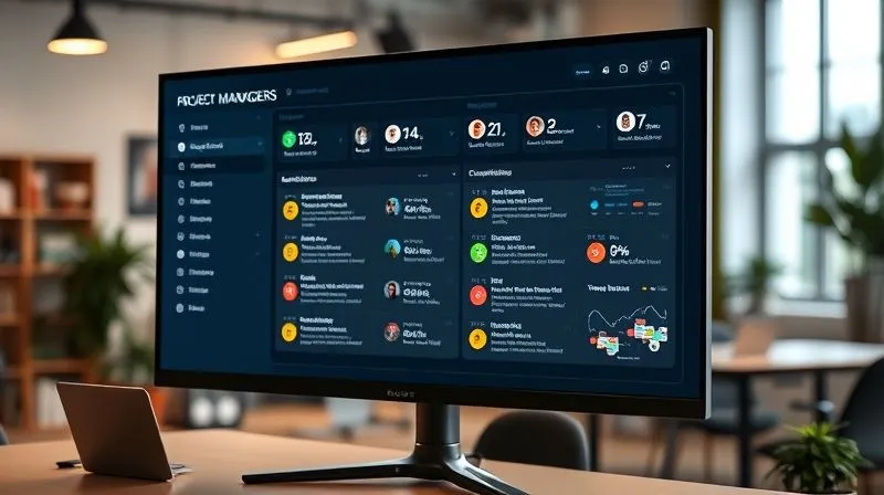 A sleek, modern project management dashboard displayed on a large monitor in a creative office environment, showing tasks, deadlines, and team assignments clearly organized. Photorealistic, professional photography, 8K, cinematic lighting, sharp focus on the dashboard details, depth of field blurring the office background, shot on a high-end DSLR.
