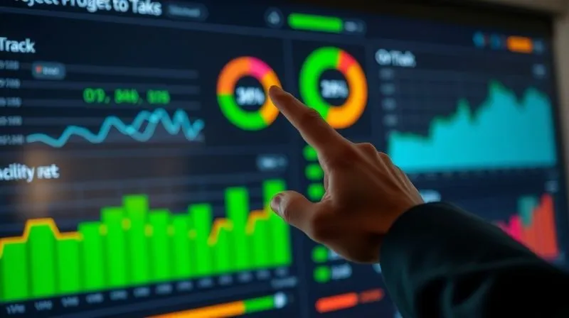 A photorealistic, vibrant data visualization dashboard showing project progress, budget allocation, and task completion rates, with green indicators for 'on track' and amber for 'at risk'. Cinematic lighting, sharp focus on the detailed graphs and charts, depth of field blurring a professional hand pointing at a key metric, 8K hyper-detailed, shot on a high-end DSLR.