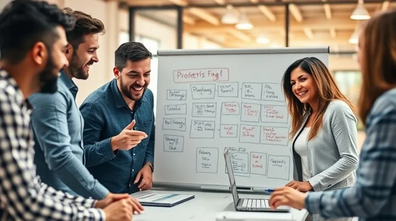 A diverse group of digital marketing professionals collaborating enthusiastically around a shared digital whiteboard, actively brainstorming and mapping out project tasks with clear boundaries and objectives. Photorealistic, professional photography, 8K, cinematic lighting, sharp focus on the collaborative interaction, depth of field blurring the modern office background, shot on a high-end DSLR.