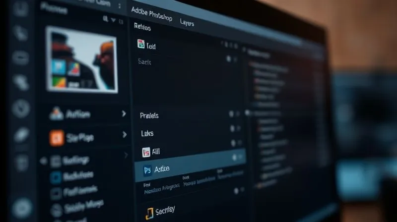 A photorealistic close-up of a computer screen displaying a highly organized Adobe Photoshop layers panel, with clearly named and grouped layers. The screen reflects a designer's focused face, cinematic lighting, sharp focus, depth of field, 8K hyper-detailed, professional photography, shot on a high-end DSLR.