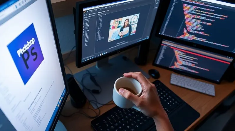 A photorealistic high-angle shot of a designer's desk, with multiple screens showing Photoshop, Figma, and a version control system interface. A hand is reaching for a coffee cup. Cinematic lighting, sharp focus on the screens, depth of field, 8K hyper-detailed, professional photography, shot on a high-end DSLR.