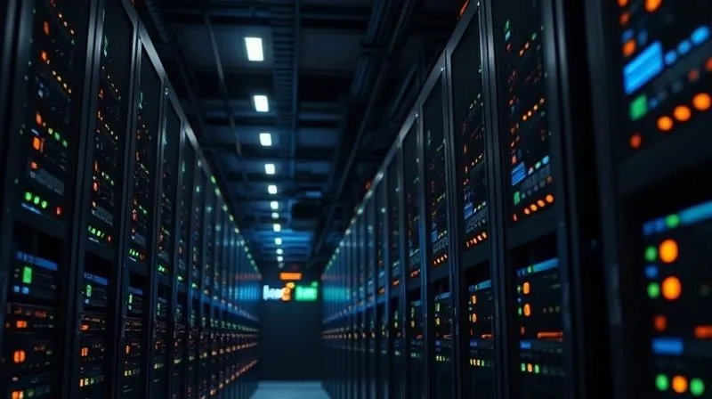 A photorealistic server room with rows of blinking lights and cables, sharp focus on a single server rack, representing robust web hosting. Cinematic lighting, 8K hyper-detailed, professional photography, depth of field, shot on a high-end DSLR.