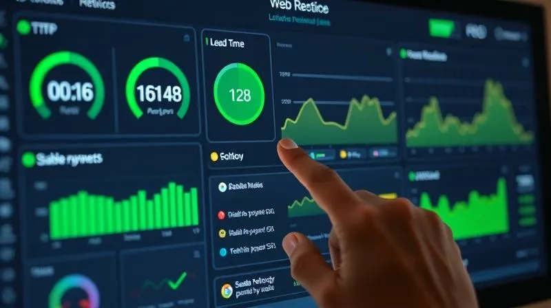 A photorealistic dashboard displaying various web performance metrics (load time, TTFB, FCP) with green checkmarks and a graph showing stable performance. A hand points to a specific metric on the screen. Cinematic lighting, 8K hyper-detailed, professional photography, depth of field, shot on a high-end DSLR.