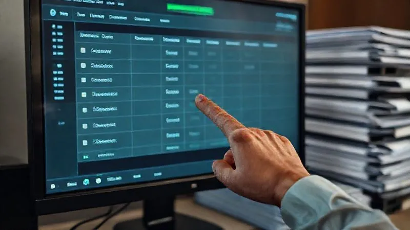 A photorealistic image of a detailed digital database interface on a monitor, showing music tracks with columns for license type, acquisition date, and expiration. A hand points to a green "Compliant" status. Cinematic lighting, sharp focus on the screen, depth of field blurring a stack of organized legal folders in the background. 8K hyper-detailed, professional photography, shot on a high-end DSLR.