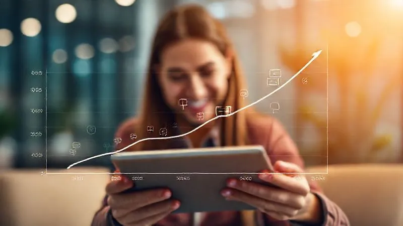 A photorealistic, professional photography, 8K, cinematic lighting image of a line graph showing a sharp upward trend for 'Lifetime Value' over time, with digital product icons flowing along the curve. The graph is set against a blurred background of a happy customer interacting with a tablet. Sharp focus on the graph, depth of field blurring the background, shot on a high-end DSLR.