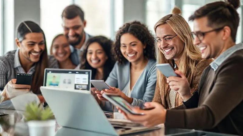 A photorealistic, professional photography, 8K, cinematic lighting image of a diverse group of happy, smiling individuals (representing customers) interacting seamlessly with various digital devices – laptops, tablets, smartphones – all displaying elements of a cohesive brand experience. There's a sense of flow and satisfaction. Sharp focus on the individuals and their devices, depth of field blurring a modern, bright office or home environment, shot on a high-end DSLR.