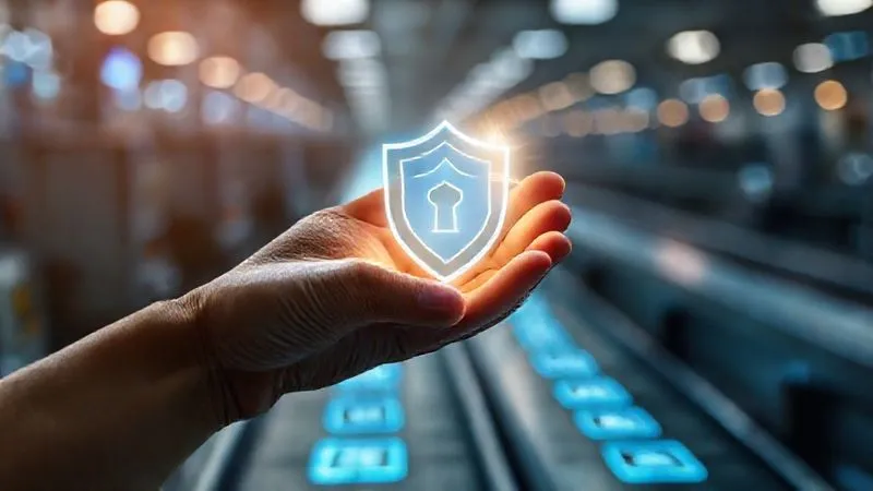 A photorealistic, professional photography, 8K, cinematic lighting image of a hand holding a glowing digital shield icon, radiating trust and security, positioned in front of a blurred background of multiple interconnected digital product icons on a flowing conveyor belt. Sharp focus on the shield, depth of field blurring the background, shot on a high-end DSLR. The scene evokes a sense of protection and confidence in the digital journey.