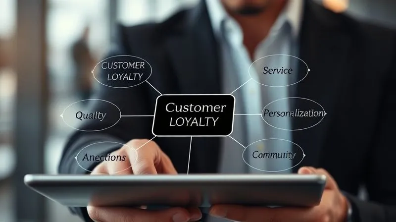 A photorealistic image of a detailed mind map, with 'Customer Loyalty' at the center, branching out into 'Quality', 'Service', 'Personalization', and 'Community'. The map is displayed on a sleek, modern tablet screen, with a fashion-forward individual subtly blurred in the background, suggesting deep thought and strategy. Cinematic lighting, sharp focus on the mind map, depth of field, 8K hyper-detailed.