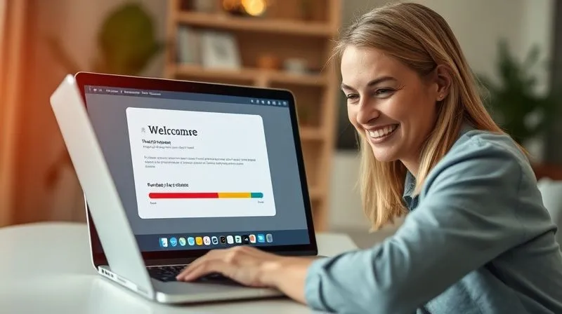 A photorealistic image of a friendly, professional digital welcome screen or dashboard for an online course. It features clear navigation, a personalized greeting, and a progress bar, with soft, inviting colors. Cinematic lighting, sharp focus on the interface, depth of field blurring a background of a person happily engaging with a laptop. 8K hyper-detailed.