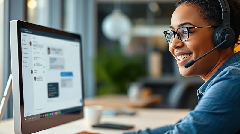 A photorealistic image of a friendly customer support agent (diverse ethnicity) smiling while interacting with a digital chat interface on a computer screen. The screen shows a conversation with a student asking for help with an online course. Soft, warm lighting, sharp focus on the agent's face and the screen, depth of field blurring a modern office background. 8K hyper-detailed.