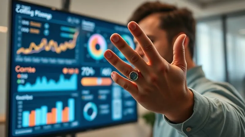 A photorealistic, professional photography, 8K, cinematic lighting, sharp focus, depth of field shot on a high-end DSLR, of a person's hands hovering over a complex data analytics dashboard on a large monitor, displaying charts, graphs, and key performance indicators (KPIs) related to student engagement and course completion. The screen has a subtle glow, reflecting on the person's face, conveying deep thought and analysis. The background is a modern, minimalist office setting.