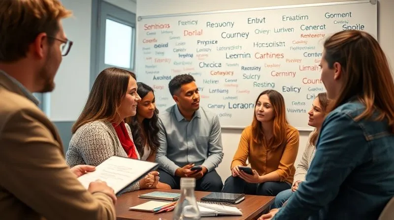 Photorealistic, a diverse group of people engaged in a focus group discussion, animatedly sharing opinions, with a moderator taking notes on a whiteboard filled with keywords. Cinematic lighting, sharp focus on the group, depth of field blurring the background, 8K hyper-detailed.