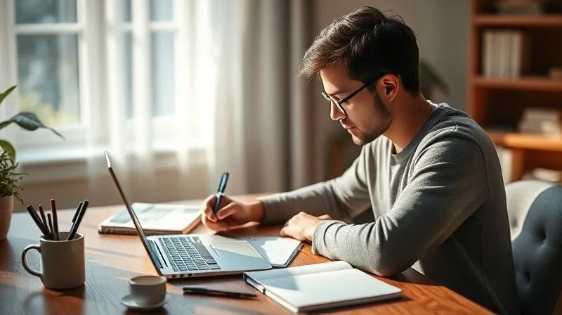 Photorealistic, a person sitting at a desk, intensely focused on writing, with a laptop open and several notebooks. The room is softly lit with natural light, creating a calm, creative atmosphere. Pens and coffee cup nearby. Cinematic lighting, sharp focus on the writer, depth of field, 8K hyper-detailed.